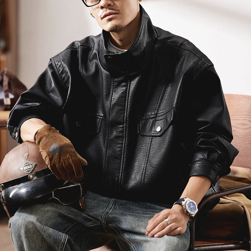 Herren Oversized Kunstlederjacke im Worker-Look mit Pattentaschen Nord Taschen