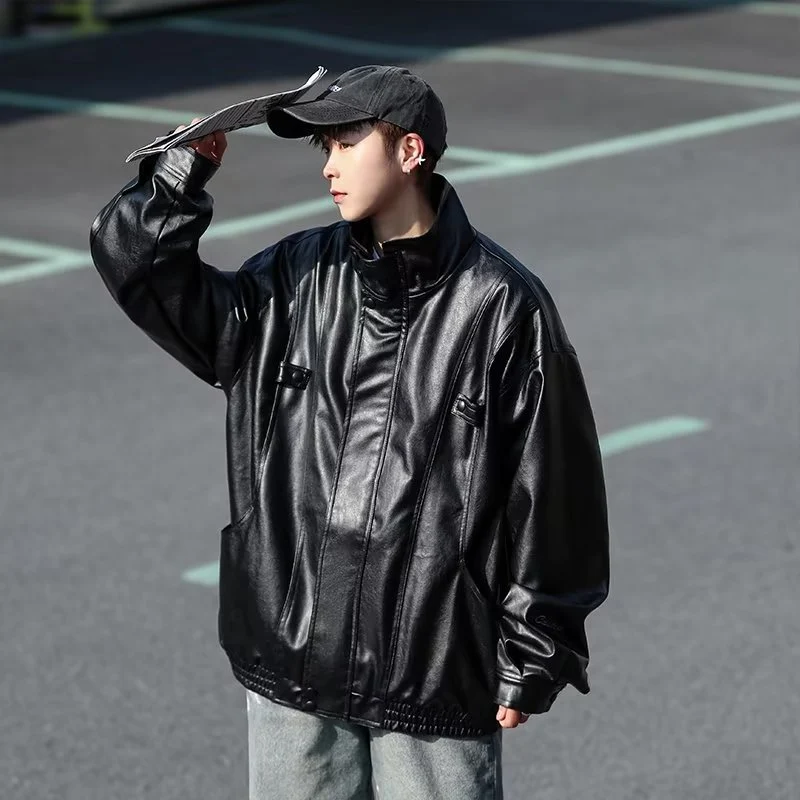 Herren Oversized Kunstlederjacke im Bomberstil mit Stehkragen und elastischem Saum Nord Taschen