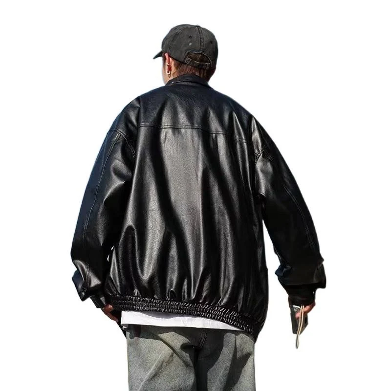 Herren Oversized Kunstlederjacke im Bomberstil mit Stehkragen und elastischem Saum Nord Taschen