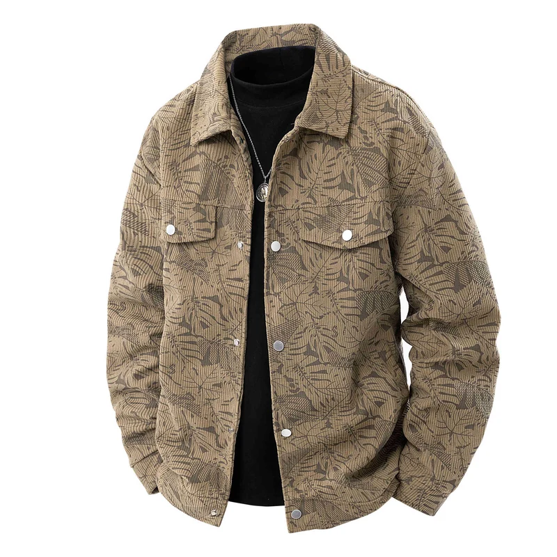 Herren Kordjacke im Truckerstil mit tonalem Blattmuster, Druckknopf‑Front und Pattentaschen Nord Taschen