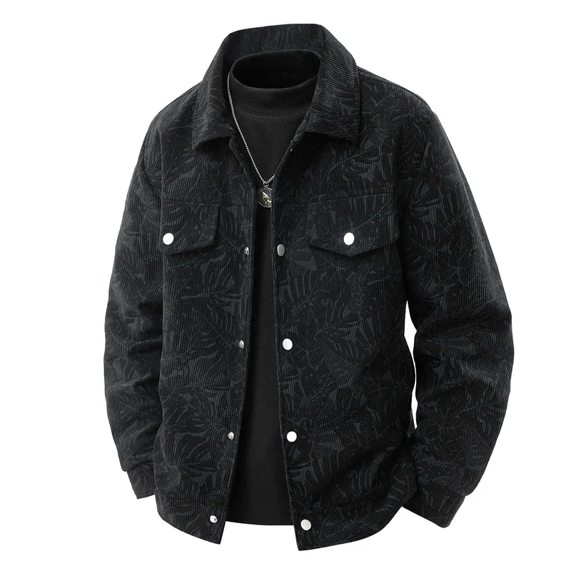 Herren Kordjacke im Truckerstil mit tonalem Blattmuster, Druckknopf‑Front und Pattentaschen Nord Taschen