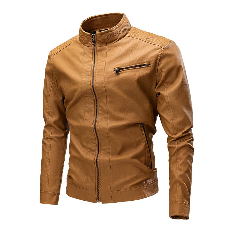 Herren Slim-Fit Bikerjacke in Lederoptik mit Stehkragen und gesteppter Schulterpartie Nord Taschen