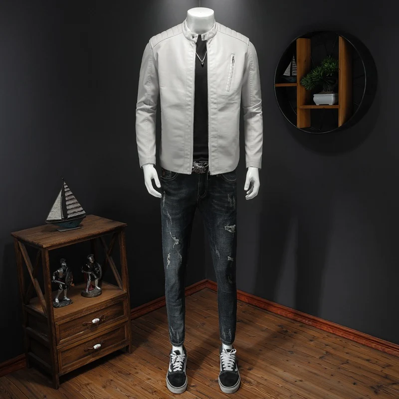 Herren Schmale Lederjacke im Biker-Look mit Stehkragen und senkrechter Brusttasche Nord Taschen