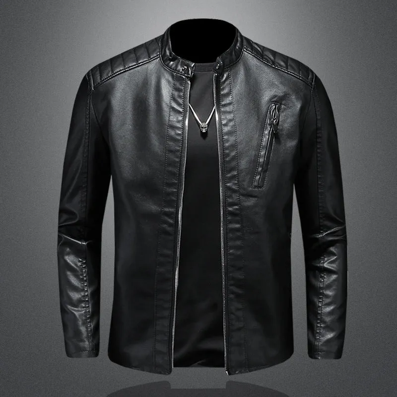 Herren Schmale Lederjacke im Biker-Look mit Stehkragen und senkrechter Brusttasche Nord Taschen