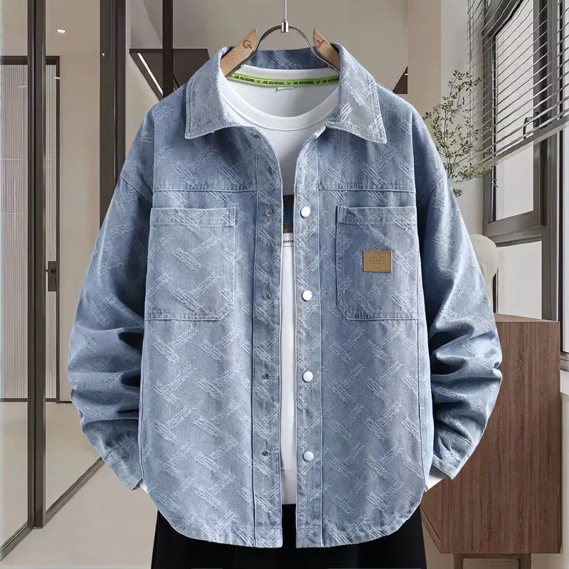 Herren Jeans-Overshirt mit dezenter Struktur-Jacquard, Druckknopf‑Brusttaschen und Hemdkragen Nord Taschen