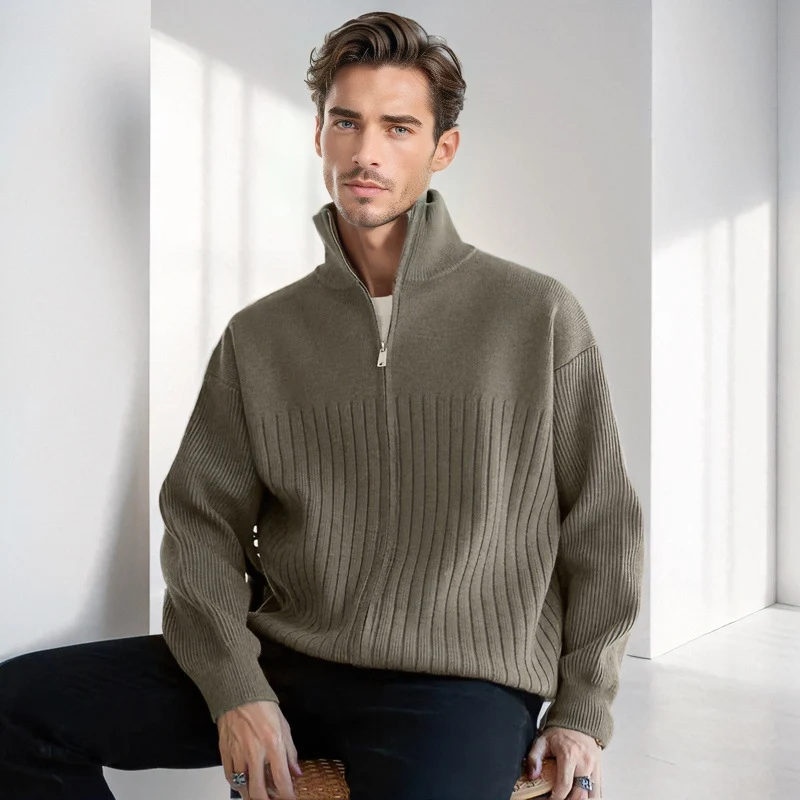 Herren Halbzip-Strickpullover mit hohem Stehkragen und breitem Rippenmuster Nord Taschen