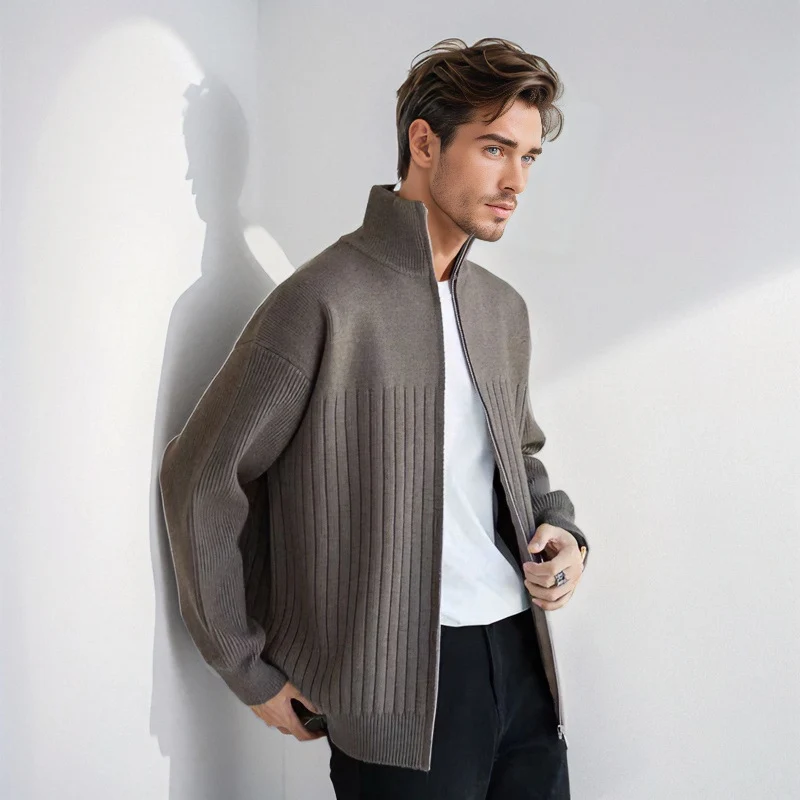 Herren Halbzip-Strickpullover mit hohem Stehkragen und breitem Rippenmuster Nord Taschen