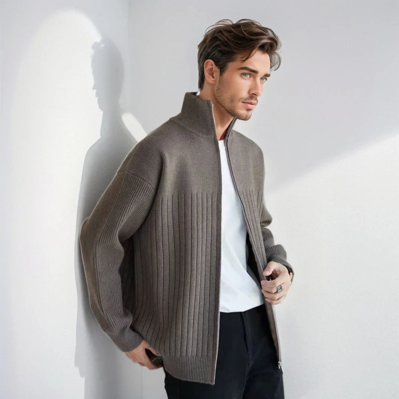 Herren Halbzip-Strickpullover mit hohem Stehkragen und breitem Rippenmuster Nord Taschen