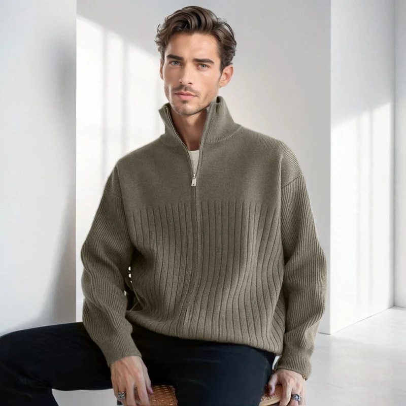Herren Halbzip-Strickpullover mit hohem Stehkragen und breitem Rippenmuster Nord Taschen