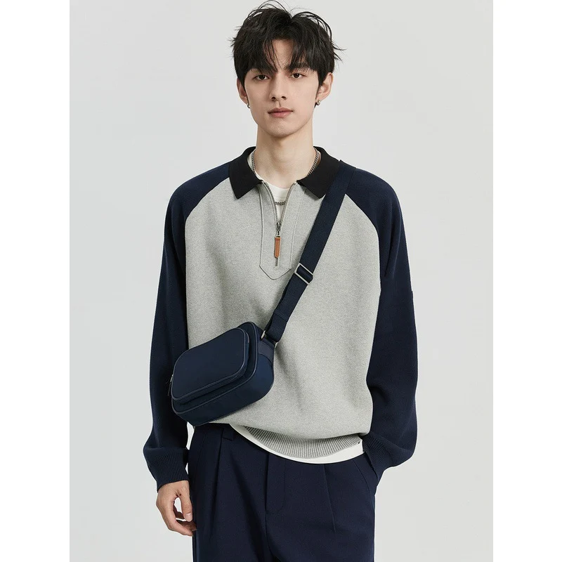 Herren Halbzip-Pullover mit Polokragen und Colourblock-Ärmeln Nord Taschen