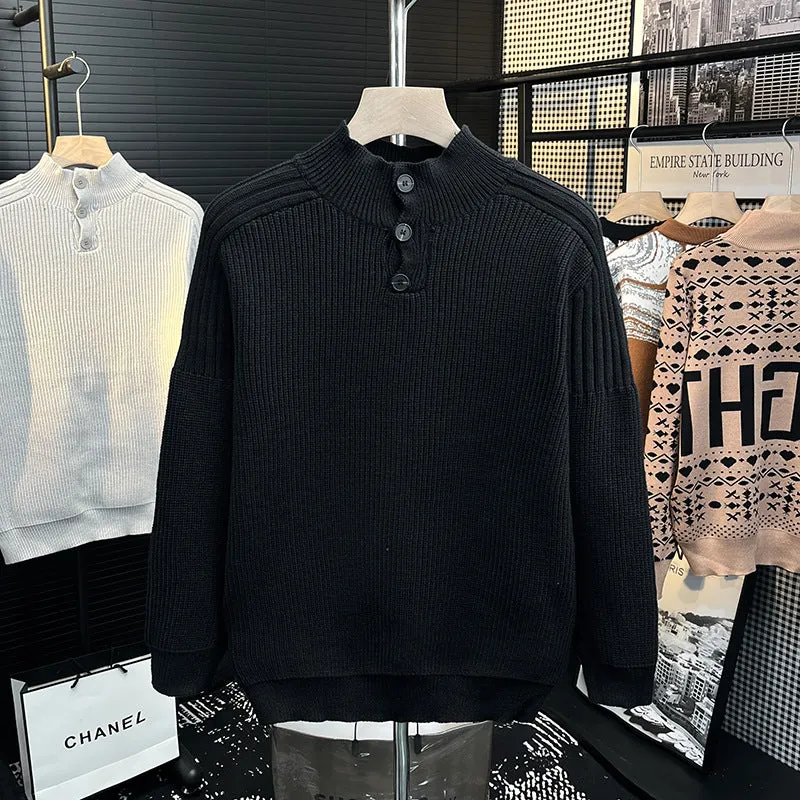 Herren Grobstrick-Pullover mit halber Knopfleiste und hohem Stehkragen Nord Taschen