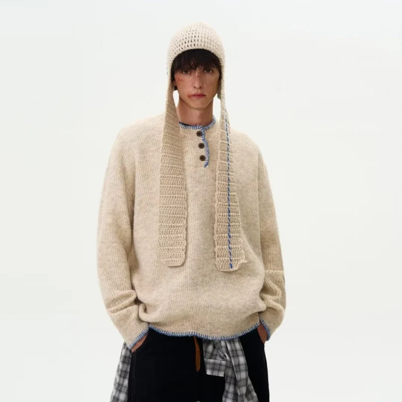 Herren Grobstrick-Henley-Pullover mit Bouclé-Optik und kontrastierten Bündchen Nord Taschen