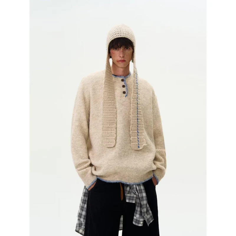 Herren Grobstrick-Henley-Pullover mit Bouclé-Optik und kontrastierten Bündchen Nord Taschen