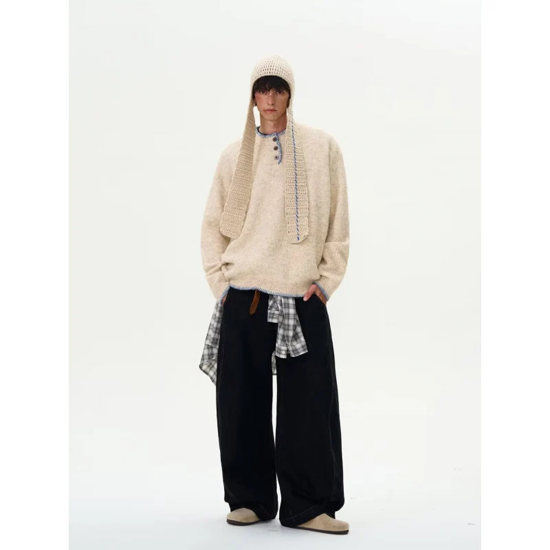 Herren Grobstrick-Henley-Pullover mit Bouclé-Optik und kontrastierten Bündchen Nord Taschen