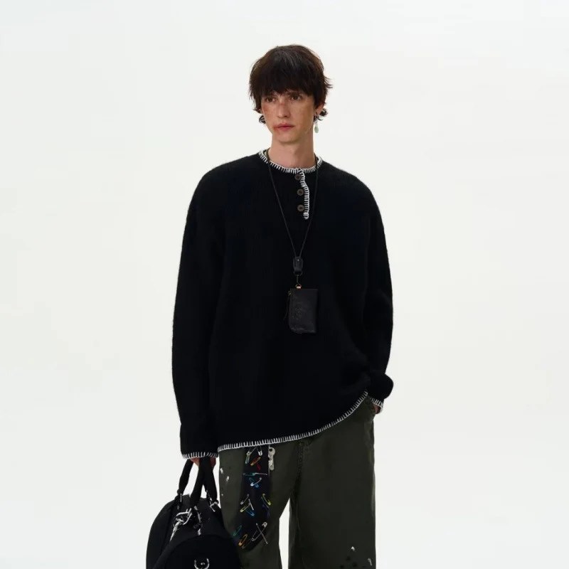 Herren Grobstrick-Henley-Pullover mit Bouclé-Optik und kontrastierten Bündchen Nord Taschen