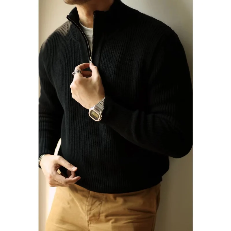 Herren Grobgerippter Halbzip-Strickpullover mit Stehkragen Nord Taschen