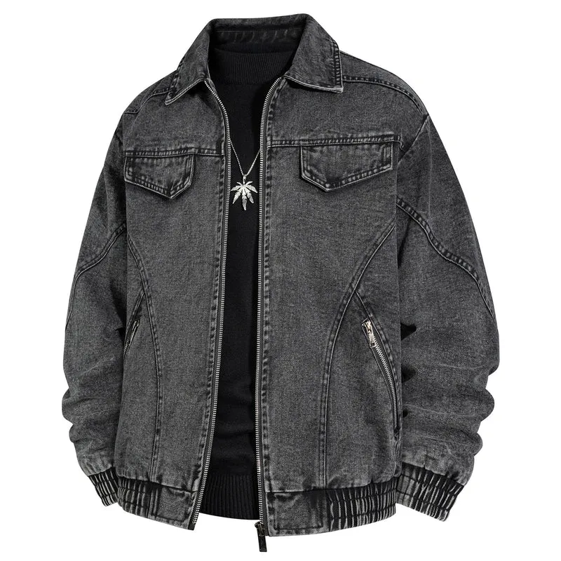 Herren Übergroße Jeans-Bomberjacke mit Stone-Wash, Reißverschluss und geripptem Saum Nord Taschen