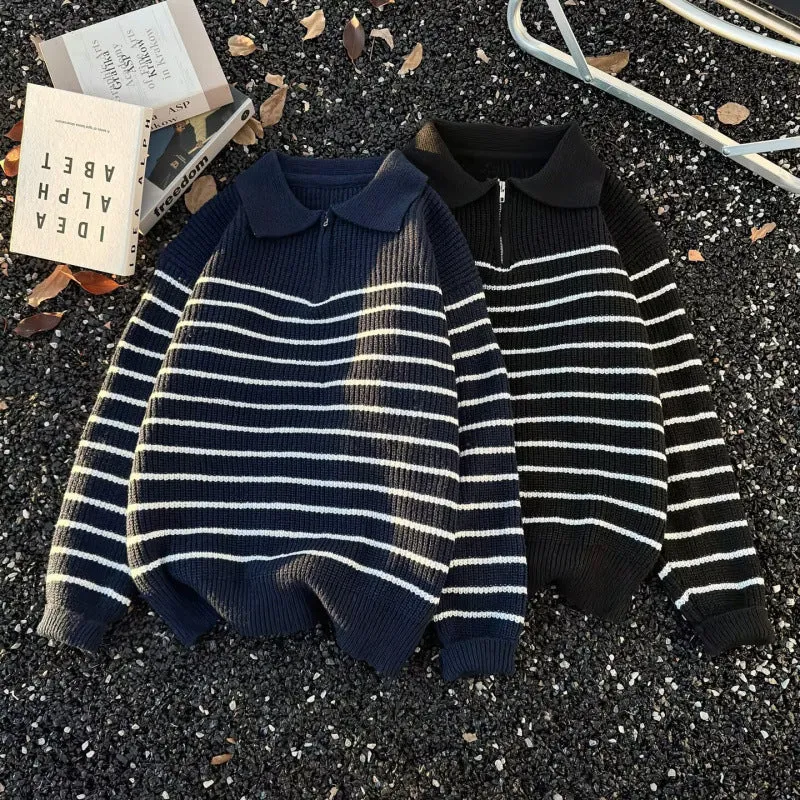 Unisex Grobgestrickter Oversize-Pullover mit halbem Reißverschluss und Polokragen Nord Taschen