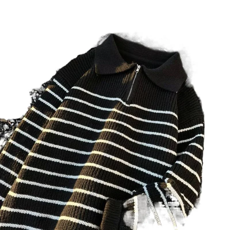 Unisex Grobgestrickter Oversize-Pullover mit halbem Reißverschluss und Polokragen Nord Taschen