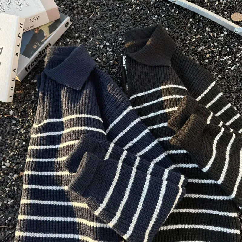 Unisex Grobgestrickter Oversize-Pullover mit halbem Reißverschluss und Polokragen Nord Taschen