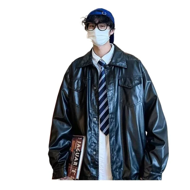 Herren Oversized Kunstleder-Hemdenjacke im Boxy-Look mit Pattentaschen und Druckknopfleiste Nord Taschen