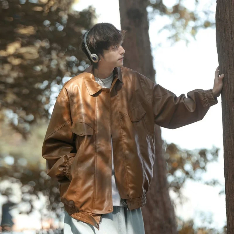 Herren Oversized Kunstleder Bomberjacke mit Pattentaschen Nord Taschen