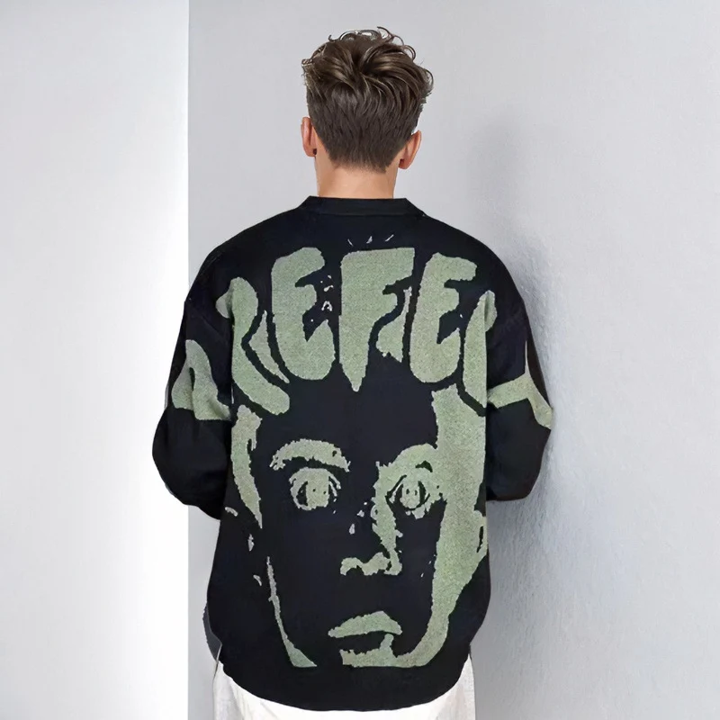 Herren Oversized Grafik‑Intarsienpullover mit tiefem Rückmotiv und Rundhalsausschnitt Nord Taschen