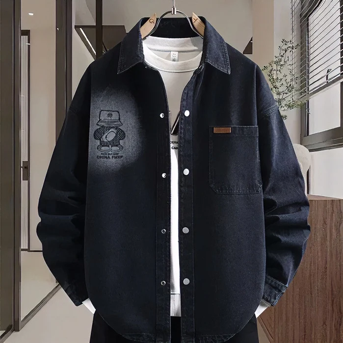 Herren Oversized Denim-Hemdjacke im Relaxed-Worker-Style mit Brusttasche und Druckknöpfen Nord Taschen