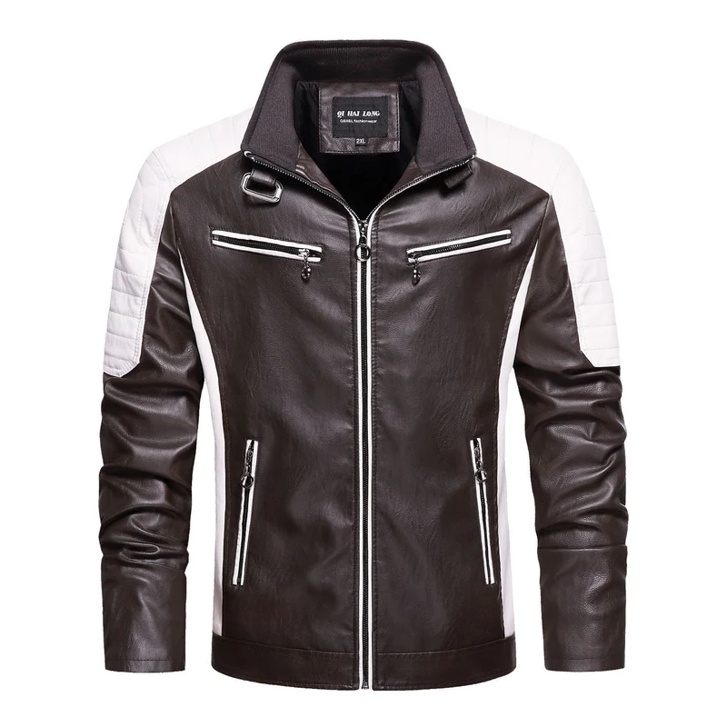 Herren Gesteppte Bikerjacke aus Kunstleder mit Kontraststreifen und Stehkragen Nord Taschen