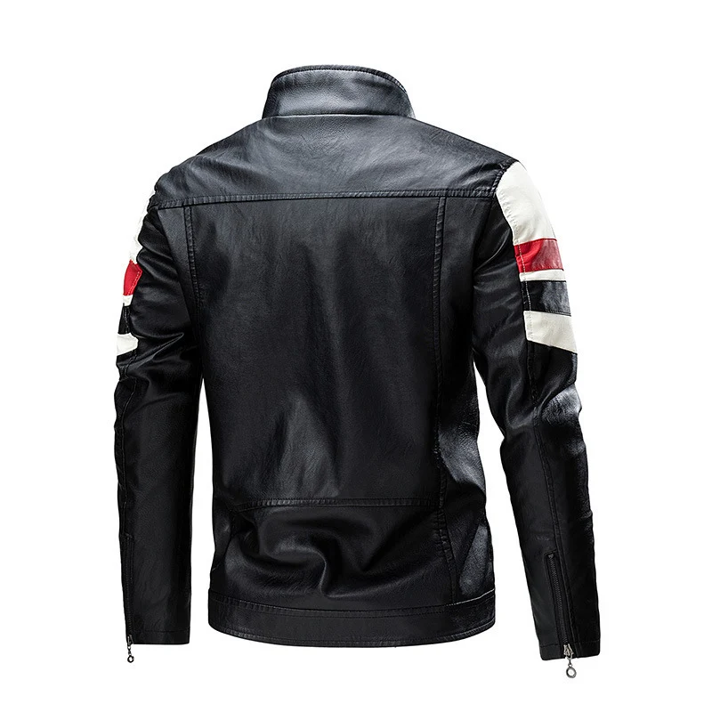 Herren Retro-inspirierte Motorrad-Lederjacke mit Rennsportstreifen und Stehkragen Nord Taschen