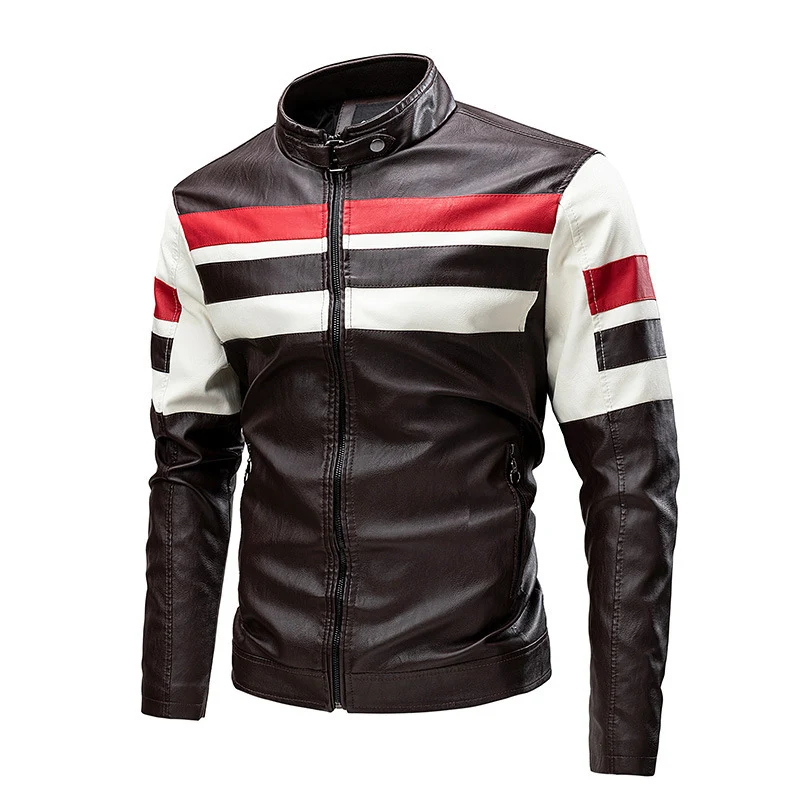 Herren Retro-inspirierte Motorrad-Lederjacke mit Rennsportstreifen und Stehkragen Nord Taschen