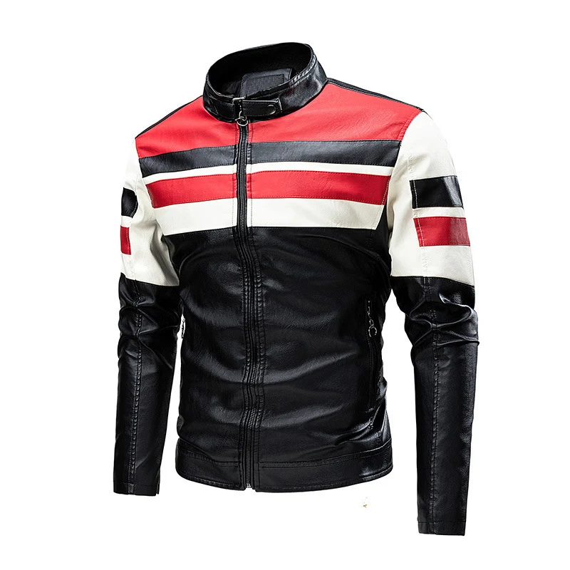 Herren Retro-inspirierte Motorrad-Lederjacke mit Rennsportstreifen und Stehkragen Nord Taschen