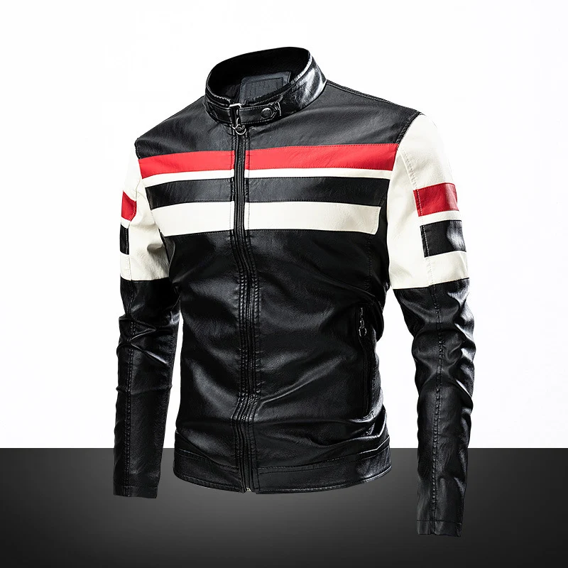 Herren Retro-inspirierte Motorrad-Lederjacke mit Rennsportstreifen und Stehkragen Nord Taschen