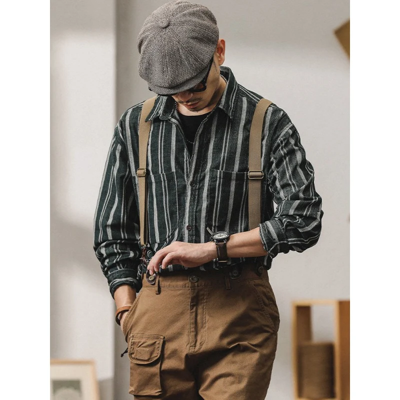 Herren Gestreiftes Overshirt-Hemd aus Baumwoll-Leinen mit Brusttaschen Nord Taschen