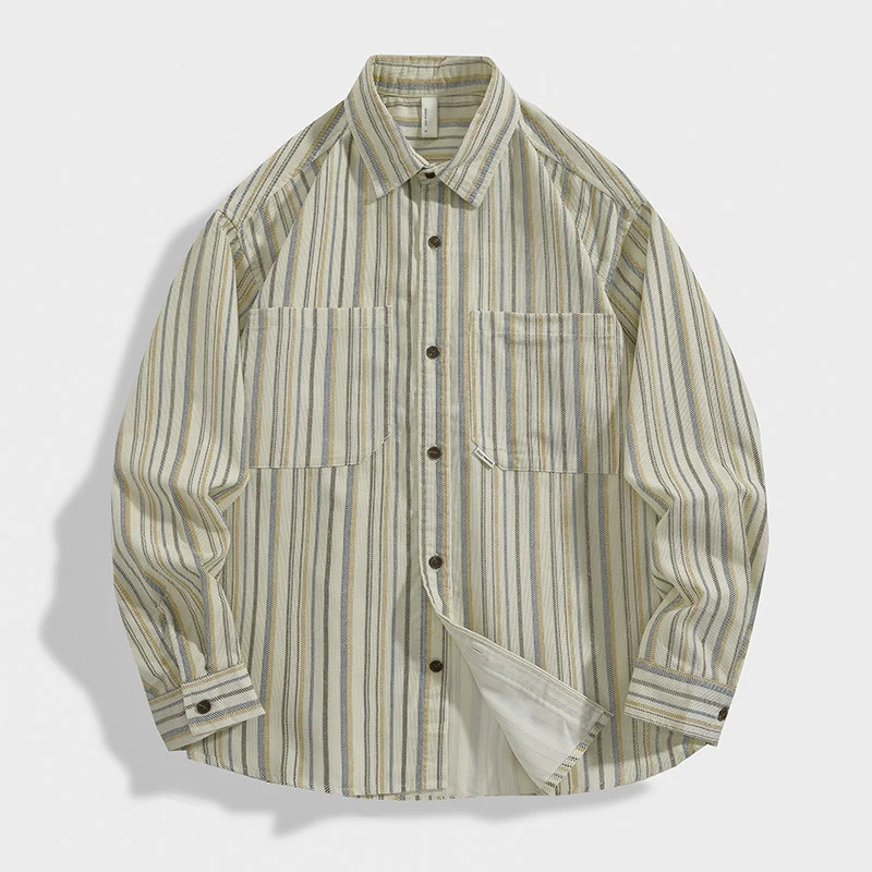 Herren Gestreiftes Overshirt-Hemd aus Baumwoll-Leinen mit Brusttaschen Nord Taschen