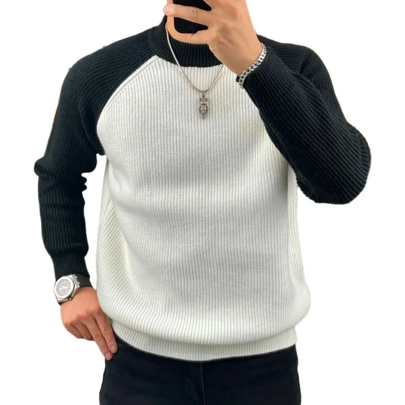Herren Gerippter Raglan-Pullover mit Kontrastärmeln und kurzem Stehkragen Nord Taschen