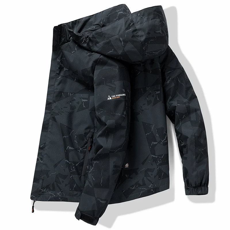 Herren Technische wasserdichte Kapuzenjacke mit grafischem Camouflage‑Print, Reißverschlusstaschen und verstellbarem Saum Nord Taschen