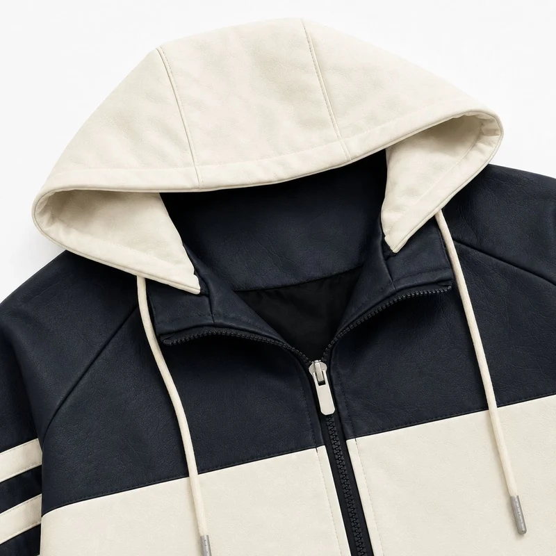 Herren Sportlicher Kapuzen‑Bomber mit Kunstlederoptik, Kontraststreifen und Reißverschluss Nord Taschen