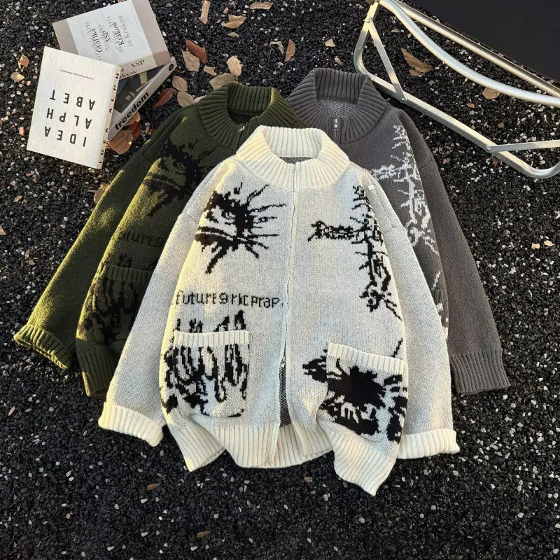 Unisex Grobgestrickte Zip‑Strickjacke mit hohem Rippenkragen, Jacquardmuster und aufgesetzten Taschen Nord Taschen