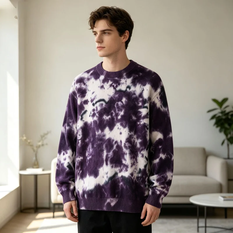 Herren Oversized Batik-Pullover mit Rundhalsausschnitt und Rippbündchen Nord Taschen