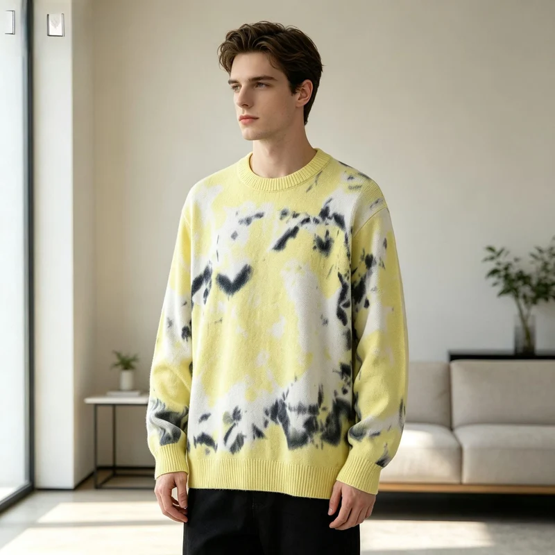 Herren Oversized Batik-Pullover mit Rundhalsausschnitt und Rippbündchen Nord Taschen