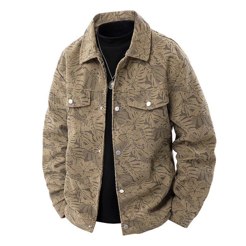 Herren Cord-Truckerjacke mit Jacquard-Blattmuster und Druckknopfleiste Nord Taschen