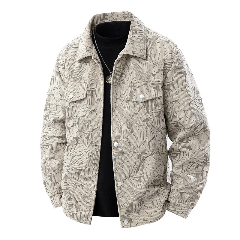 Herren Cord-Truckerjacke mit Jacquard-Blattmuster und Druckknopfleiste Nord Taschen