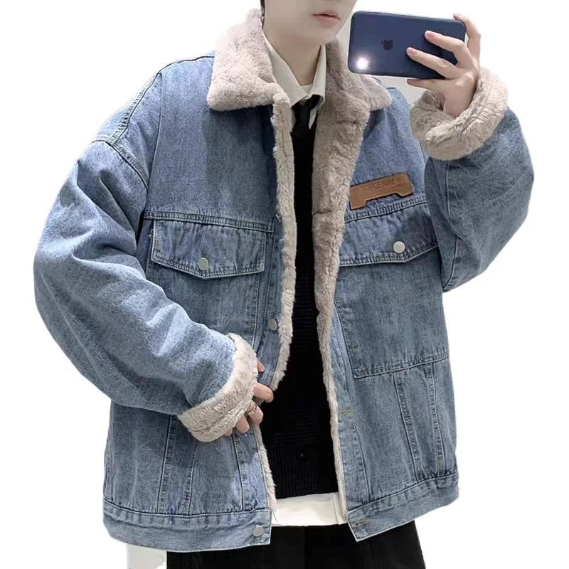 Herren Gefütterte Oversized Denimjacke mit Teddyfutter und Pattentaschen Nord Taschen