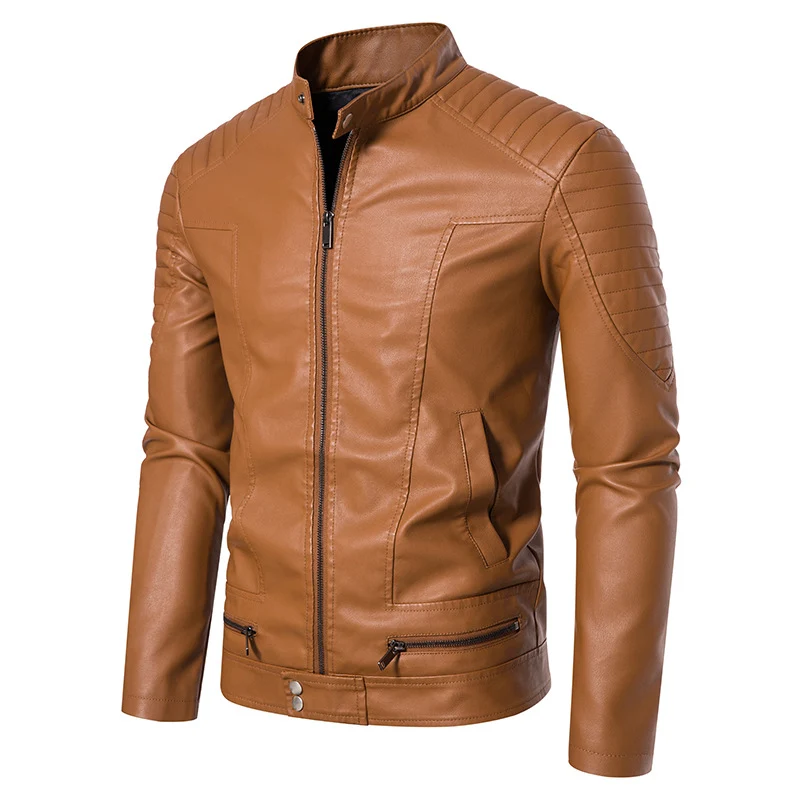 Herren Schmale Biker‑Blouson Kunstlederjacke mit Stehkragen, Ziersteppungen und Reißverschlusstaschen Nord Taschen