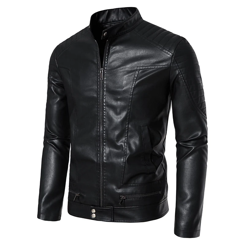 Herren Schmale Biker‑Blouson Kunstlederjacke mit Stehkragen, Ziersteppungen und Reißverschlusstaschen Nord Taschen