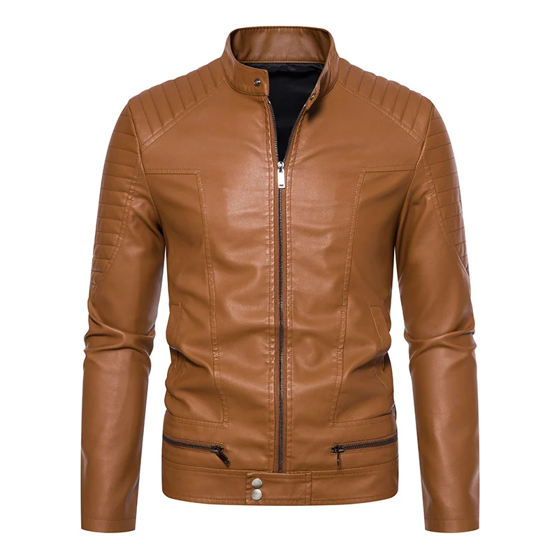 Herren Schmale Biker‑Blouson Kunstlederjacke mit Stehkragen, Ziersteppungen und Reißverschlusstaschen Nord Taschen