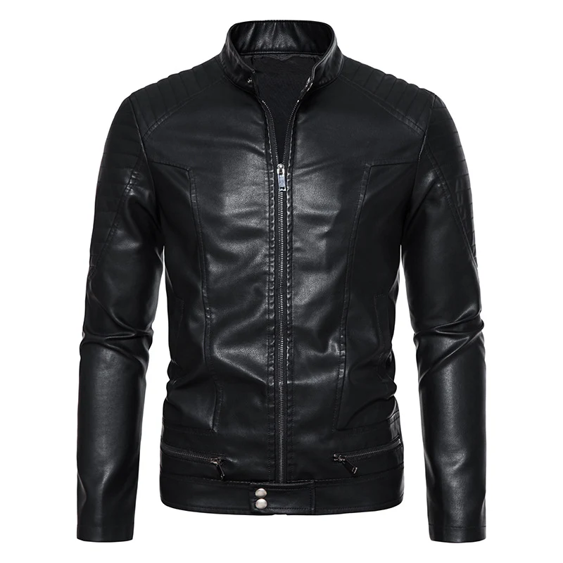 Herren Schmale Biker‑Blouson Kunstlederjacke mit Stehkragen, Ziersteppungen und Reißverschlusstaschen Nord Taschen