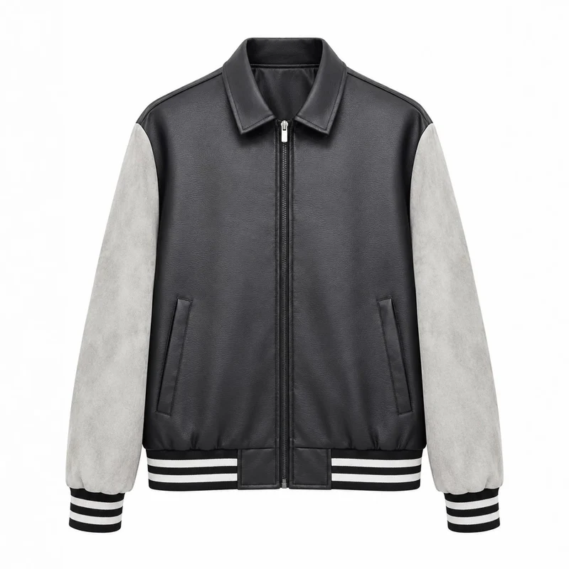 Herren Retro Letterman‑Bomber mit glattem Kunstlederkörper und Veloursärmmel-Detail Nord Taschen
