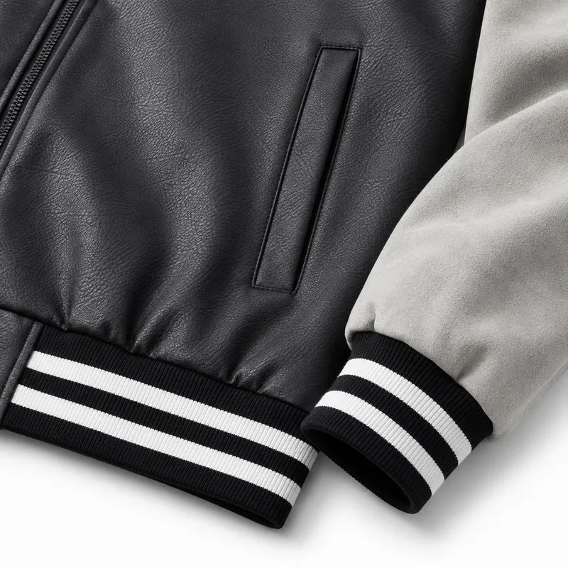 Herren Retro Letterman‑Bomber mit glattem Kunstlederkörper und Veloursärmmel-Detail Nord Taschen
